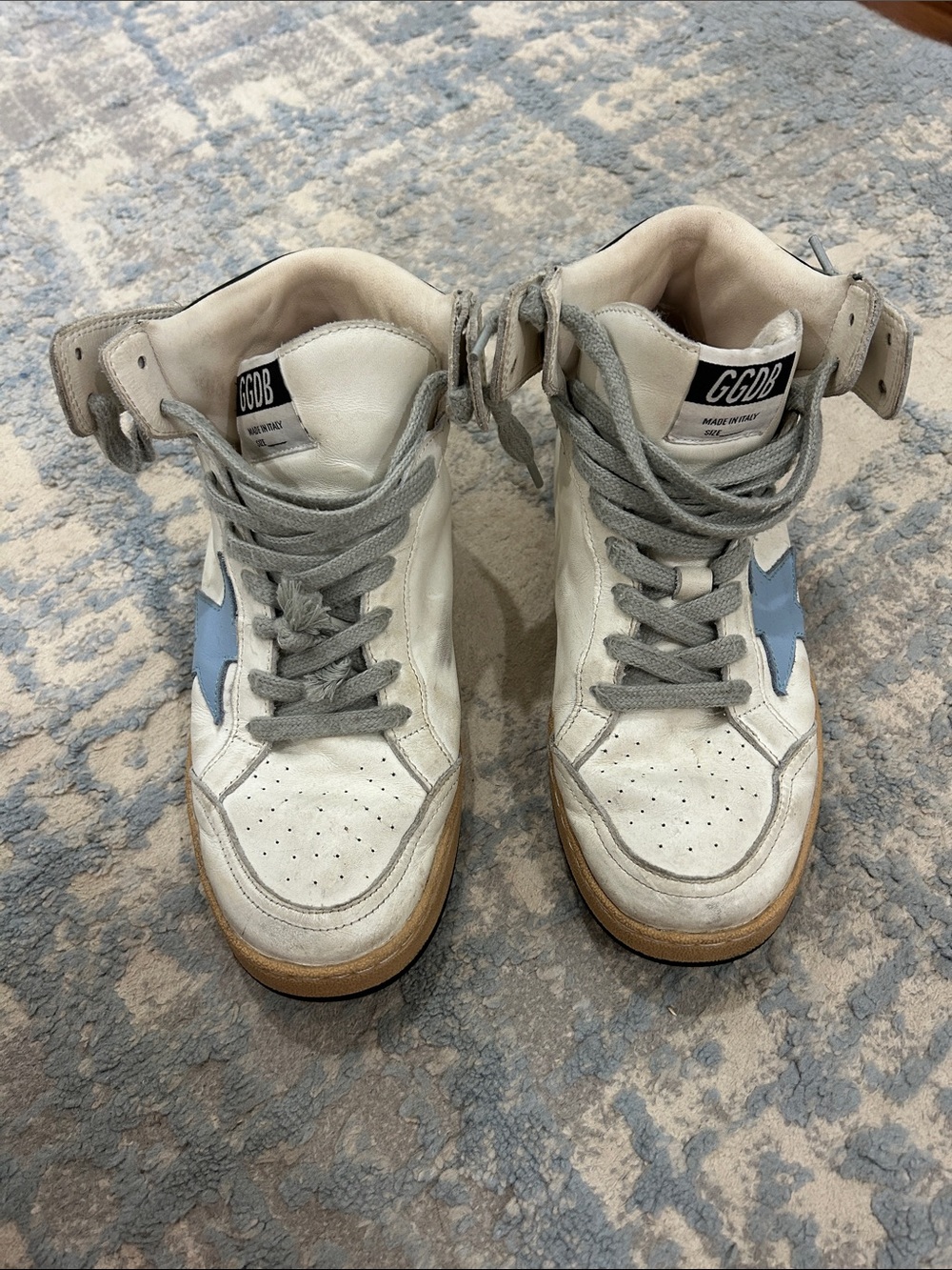 Golden Goose White Leather High-Top Sneakers with Light Blue Star